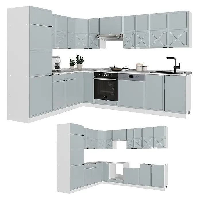 Vicco Eckküche Fame-Line Hellblau-grau/Weiß, AP Eiche - B x T: 287 x 60 cm, Hellblau-grau, Ohne Elektrogeräte - Hellblaue Eckküchenschrank-Set mit weißen Rahmen, integrierten Geräten und dekorativen X-Muster-Oberschranktüren.