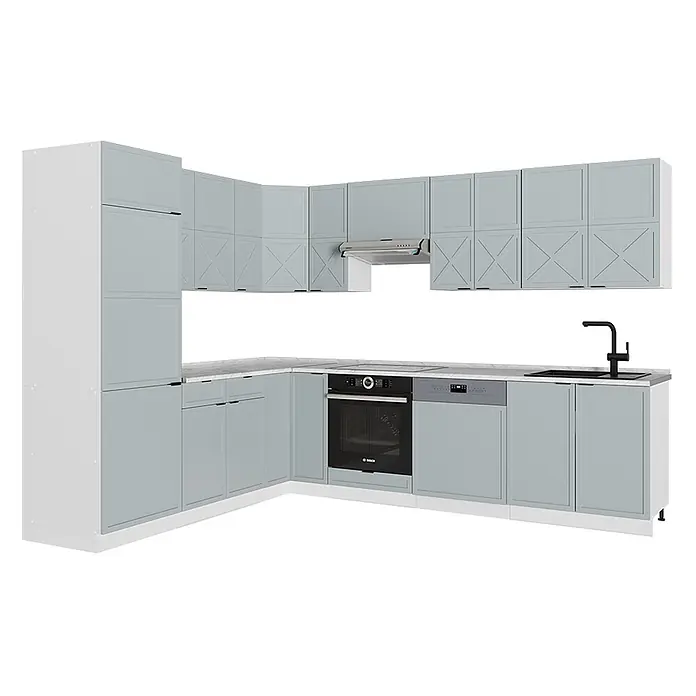 Vicco Eckküche Fame-Line Hellblau-grau/Weiß ohne Arbeitsplatte - B x T: 287 x 46 cm, Hellblau-grau, Ohne Elektrogeräte - L-förmige hellblaue Einbauküche mit weißen Seiten, grauer Arbeitsplatte, integriertem Backofen, Geschirrspüler, Spüle und Dunstabzug.