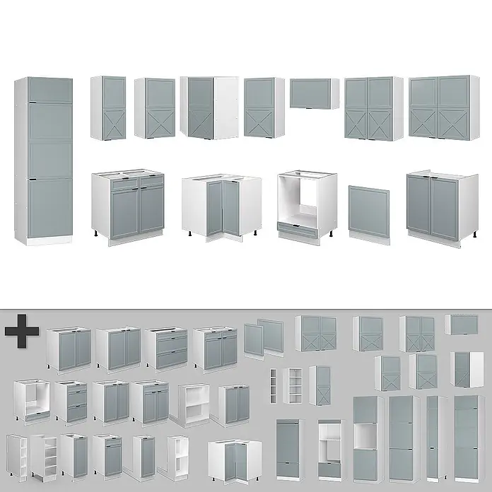 Vicco Eckküche Fame-Line Hellblau-grau/Weiß, AP Eiche - B x T: 287 x 60 cm, Hellblau-grau, Ohne Elektrogeräte - Modulare Küchenschränke mit grauen Türen und weißen Rahmen, inklusive Unter-, Wand-, Hoch- und Eckschränken sowie offenen Regalen.