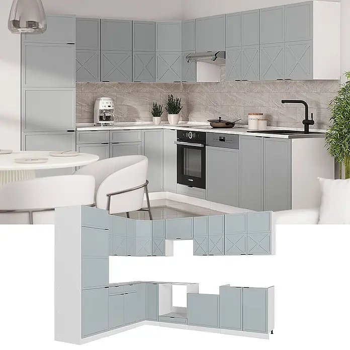 Vicco Eckküche Fame-Line Hellblau-grau/Weiß, AP Eiche - B x T: 287 x 60 cm, Hellblau-grau, Ohne Elektrogeräte - Hellgrau-weißes L-förmiges Küchenschrank-Set mit einigen Türen mit X-Muster, als Einbau- und Modulkomponenten dargestellt.