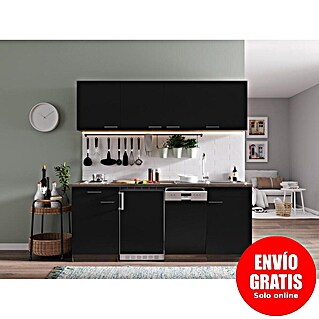Respekta Cocina compacta Oliver (Ancho: 195 cm, Negro, Lavavajillas, placa de cocción doble, frigorífico)