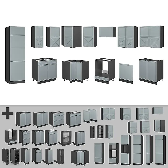 Vicco Eckküche Fame-Line Hellblau-grau/Anthrazit, AP Marmor - B x T: 287 x 60 cm, Hellblau-grau, Ohne Elektrogeräte - Modulares Küchenschrank-Set in zweifarbigem Grau, mit verschiedenen Unter-, Wand-, Hochschränken und Eckmodulen.