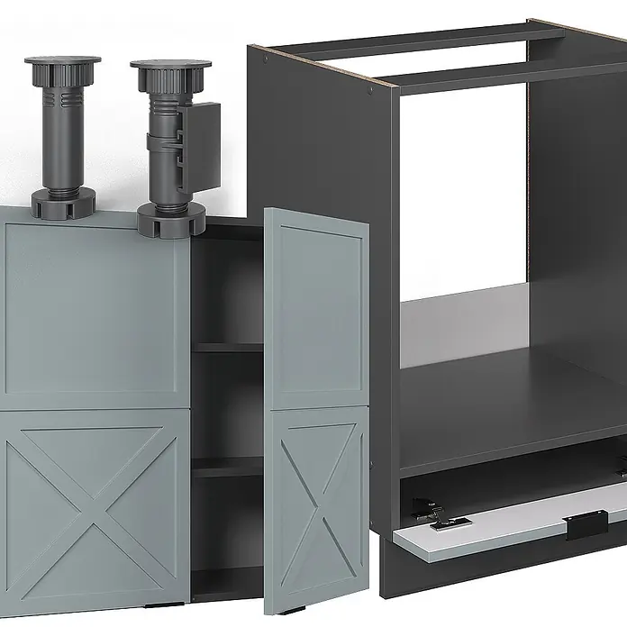 Vicco Eckküche Fame-Line Hellblau-grau/Anthrazit, AP Marmor - B x T: 287 x 60 cm, Hellblau-grau, Ohne Elektrogeräte - Montageansicht von dunkelgrauen Küchenschrankrahmen mit hellgrauen Türen, teilweise mit X-Muster. Inklusive verstellbarer Stützfüße.