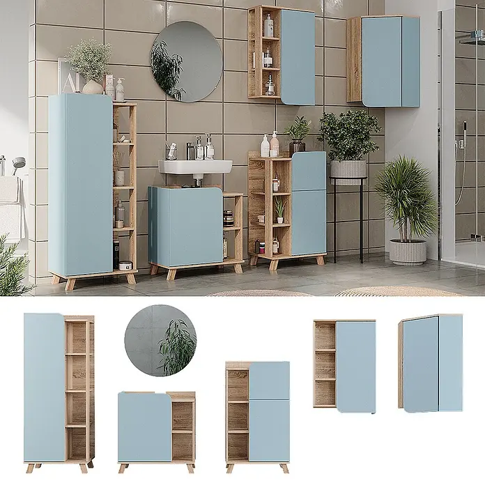 Vicco Badmöbel-Set Karen Sonoma/Blau 6 Teile - Sonoma, Matt - Modulares Badezimmermöbel-Set mit hellblauen Fronten und hellen Holzrahmen, in verschiedenen Konfigurationen in einem modernen Bad gezeigt.