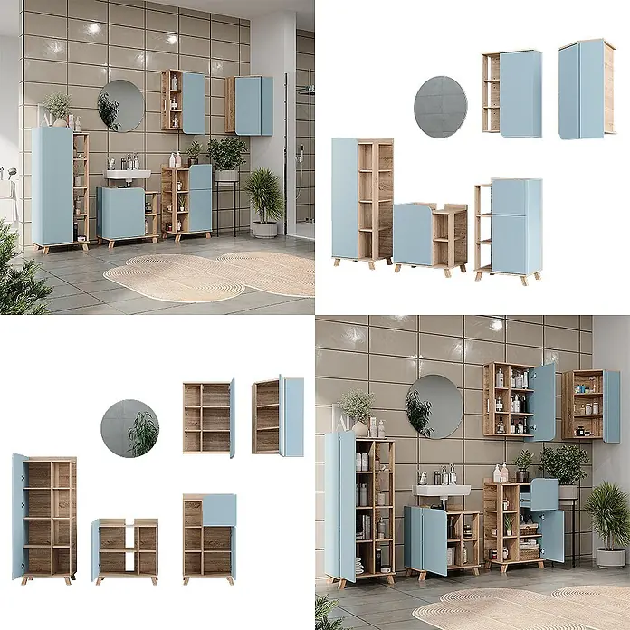 Vicco Badmöbel-Set Karen Sonoma/Blau 6 Teile - Sonoma, Matt - Hellblaues und helles Holz Badmöbel-Set mit Hoch-, Waschbecken- und Wandschränken, offen und geschlossen gezeigt.