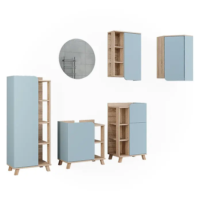 Vicco Badmöbel-Set Karen Sonoma/Blau 6 Teile - Sonoma, Matt - Modulares Badezimmermöbelset: hellblaue Schränke mit Eiche-Regalen und rundem Spiegel.