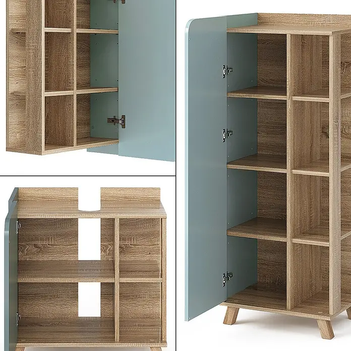 Vicco Badmöbel-Set Karen Sonoma/Blau 6 Teile - Sonoma, Matt - Waschtischunterschrank aus hellem Holz und Hellblau mit offenen Fächern, Klapptür und oberem Ausschnitt für ein Waschbecken.