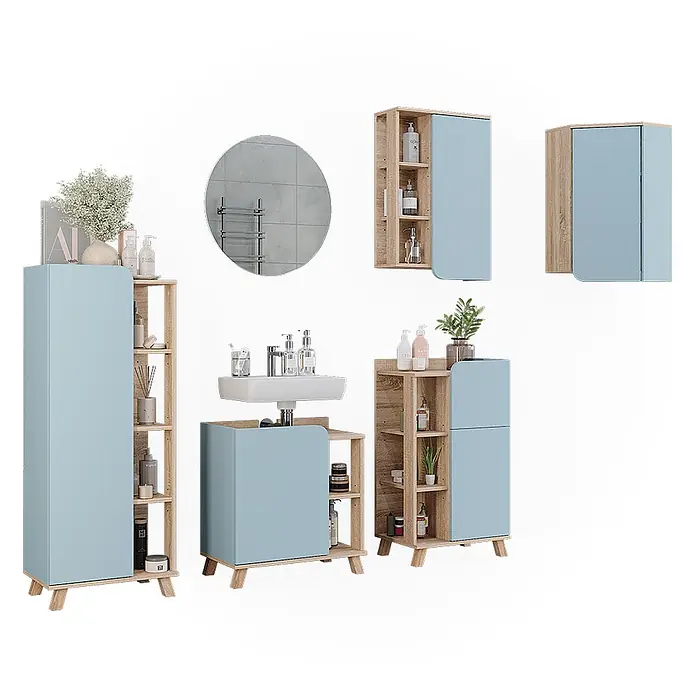 Vicco Badmöbel-Set Karen Sonoma/Blau 6 Teile - Sonoma, Matt - Badezimmermöbel-Set in Hellblau und Eichenholz, mit Hochschrank, Waschtischunterschrank und Hängeschränken zur Aufbewahrung.
