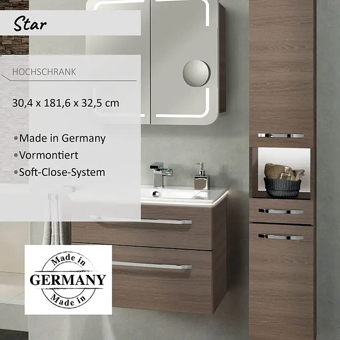 Camargue Star Hochschrank - 30,4 x 32,5 x 181,6 cm, Eiche Maron, DIN Anschlag: Links - Hoher Badezimmerschrank in Holzoptik mit offener Ablage und Schubladen, Teil eines modernen Badmöbel-Sets.