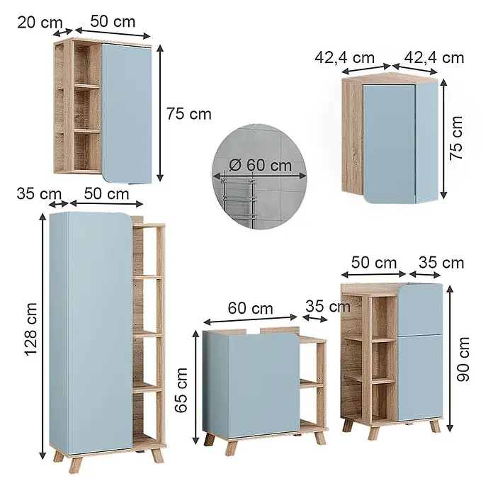 Vicco Badmöbel-Set Karen Sonoma/Blau 6 Teile - Sonoma, Matt - Modulare Möbel in heller Holzoptik und Blau, mit Schränken, Regalen und einem Spiegel, in verschiedenen Konfigurationen mit Maßen.