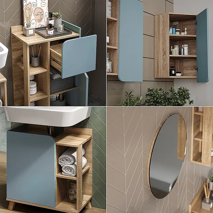 Vicco Badmöbel-Set Karen Sonoma/Blau 6 Teile - Sonoma, Matt - Badezimmerschrank-Set in Holzoptik und Blaugrün mit Waschtisch und passendem Wandschrank.