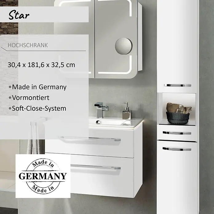 Camargue Star Hochschrank - 30,4 x 32,5 x 181,6 cm, Weiß, DIN Anschlag: Links - Weißes Badmöbel-Set mit Waschbeckenunterschrank, Spiegelschrank und Hochschrank.