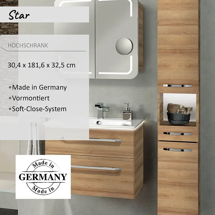 Camargue Star Hochschrank - 30,4 x 32,5 x 181,6 cm, Berg Eiche, DIN Anschlag: Rechts - Hoher Badezimmerschrank aus Holz mit offenen Fächern, Chromgriffen und Soft-Close-System, Teil einer modernen Badmöbelgarnitur.