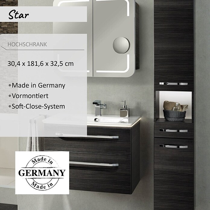 Camargue Star Hochschrank (30 x 30 x 181,6 cm, Darkoak, Ausführung: Links)