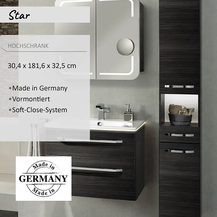 Camargue Star Hochschrank - 30,4 x 32,5 x 181,6 cm, Dark Oak, DIN Anschlag: Links - Dunkelbrauner Bad-Hochschrank (30,4 x 181,6 x 32,5 cm) mit Soft-Close-System, passend zu Waschtischunterschrank und Spiegelschrank.