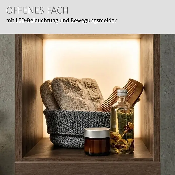 Camargue Star Hochschrank - 30,4 x 32,5 x 181,6 cm, Eiche Maron, DIN Anschlag: Links - Offenes Holzfach mit integrierter LED-Beleuchtung und Bewegungsmelder, zur Aufbewahrung von Badaccessoires.