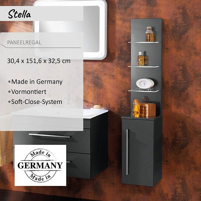 Camargue Stella Seitenschrank (32,5 x 30 x 151,6 cm, 3 Glasböden mit LED-Beleuchtung, Grafit)