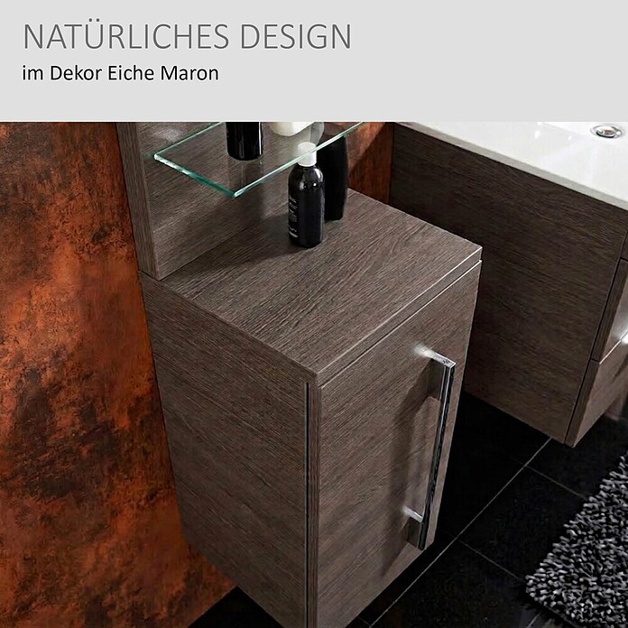Camargue Stella Seitenschrank (32,5 x 30 x 151,6 cm, 3 Glasböden mit LED-Beleuchtung, Eiche Maron)