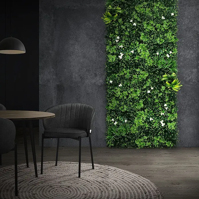 ECD Germany Kunstpflanze 100x100cm Pflegeleichte Sichtschutz-Hecke Pflanzenmatte White Bloom - Höhe: 100 cm, Kunststoff - Üppige künstliche vertikale Gartenwand mit grünem Blattwerk und weißen Blüten in modernem Raumambiente.