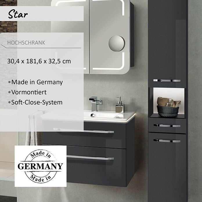 Camargue Star Hochschrank (30 x 30 x 181,6 cm, Grafit, Ausführung: Links)