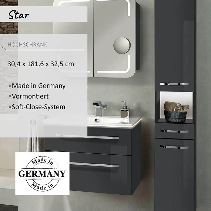 Camargue Star Hochschrank - 30,4 x 32,5 x 181,6 cm, Grafit, DIN Anschlag: Links - Dunkelgrauer, vormontierter Hochschrank für das Badezimmer mit Soft-Close-System, Chromgriffen und offenem beleuchtetem Fach.