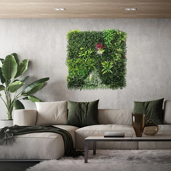 ECD Germany Kunstpflanze 100x100cm Pflegeleichte Sichtschutz-Hecke Pflanzenmatte Tropical Glow - Höhe: 50 cm, Kunststoff - Quadratische Kunstgrünwand mit lebendigem Mischlaub. Ideal für die Raumdekoration mit Pflanzen.