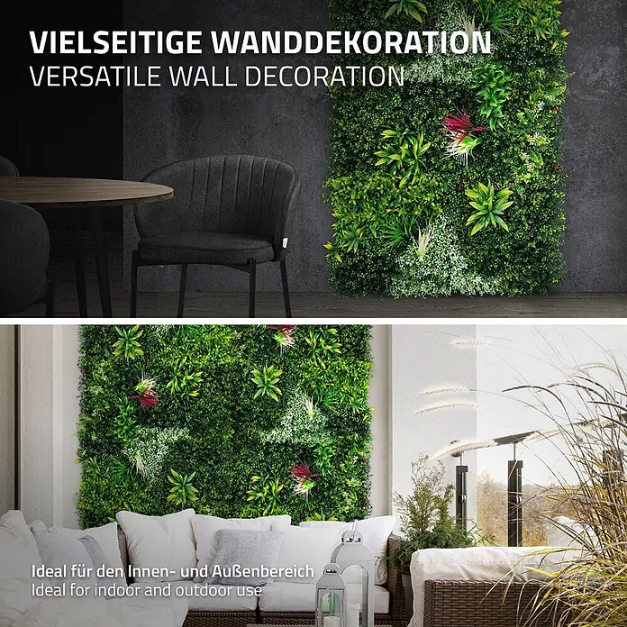 ECD Germany Kunstpflanze 100x100cm Pflegeleichte Sichtschutz-Hecke Pflanzenmatte Tropical Glow - Höhe: 50 cm, Kunststoff - Künstliche grüne Wandpaneele mit verschiedenem Blattwerk, ideal für Innen- und Außendekoration.