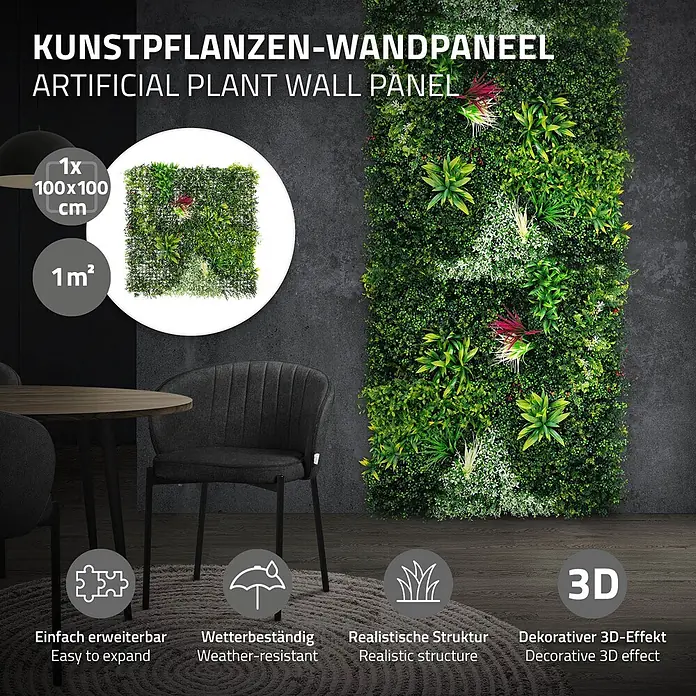 ECD Germany Kunstpflanze 100x100cm Pflegeleichte Sichtschutz-Hecke Pflanzenmatte Tropical Glow - Höhe: 50 cm, Kunststoff - Grüne Kunstpflanzen-Wandpaneele, 100x100 cm, mit vielfältigen Texturen für realistischen 3D-Deko-Effekt.