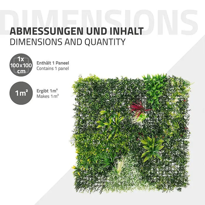 ECD Germany Kunstpflanze 100x100cm Pflegeleichte Sichtschutz-Hecke Pflanzenmatte Tropical Glow - Höhe: 50 cm, Kunststoff - Grünes künstliches Pflanzenpaneel, 100x100 cm, deckt 1 m² ab. Mit vielfältigem Grün und Akzentlaub.