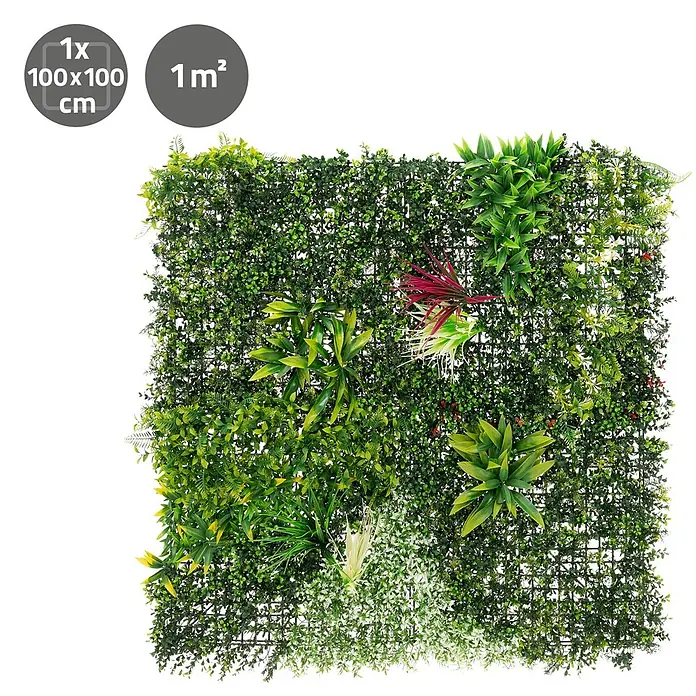 ECD Germany Kunstpflanze 100x100cm Pflegeleichte Sichtschutz-Hecke Pflanzenmatte Tropical Glow - Höhe: 50 cm, Kunststoff - Künstliches vertikales Gartenpaneel mit dichtem, gemischtem Grün, darunter grüne, rote und weiße Pflanzen auf einem dunklen Gitter.