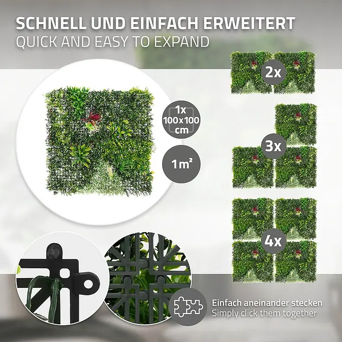 ECD Germany Kunstpflanze 100x100cm Pflegeleichte Sichtschutz-Hecke Pflanzenmatte Tropical Glow - Höhe: 50 cm, Kunststoff - Erweiterbare Kunstpflanzenmatten (100x100 cm) zum Zusammenstecken, grüne Blätter auf Gitter.