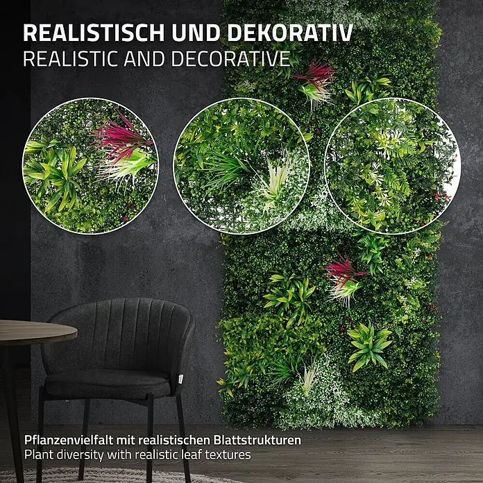 ECD Germany Kunstpflanze 100x100cm Pflegeleichte Sichtschutz-Hecke Pflanzenmatte Tropical Glow - Höhe: 50 cm, Kunststoff - Dekorativer künstlicher grüner Wandpaneel mit vielfältigen, realistischen Pflanzenstrukturen in einem Raum.