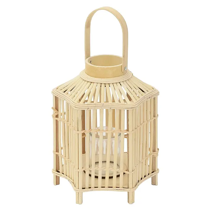 ECD Germany Windlicht Boho Bambus Laterne - Ø x H: 25 x 45 cm, Natur - Helle Holzlaterne in Sechseckform mit Griff und Glaseinsatz.