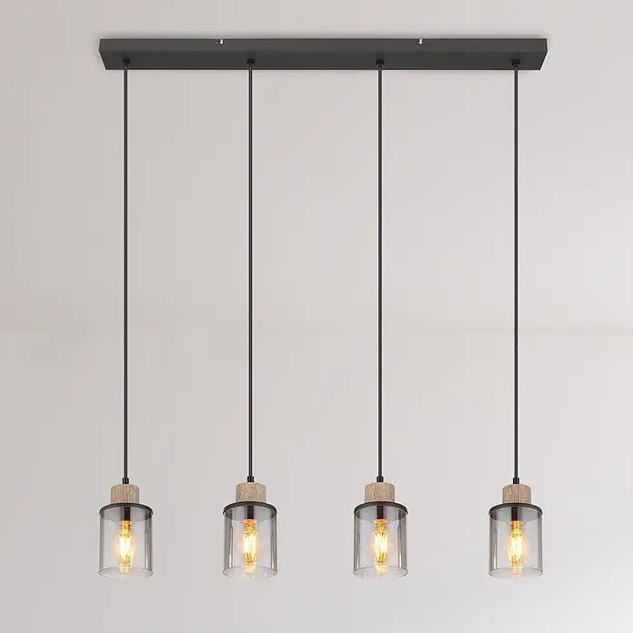 Globo Pendelleuchte Reid - 15 W, L x B x H: 780 x 100 x 1.200 mm, E27 - Hängeleuchte mit schwarzer Stange, Holzdetails, klaren Glasschirmen und warmen Glühbirnen.