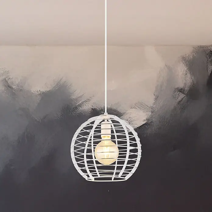 Globo Pendelleuchte Nesa - Höhe: 1.200 mm - Weiße kugelförmige Drahtkäfig-Pendelleuchte mit sichtbarer Vintage-Glühbirne.