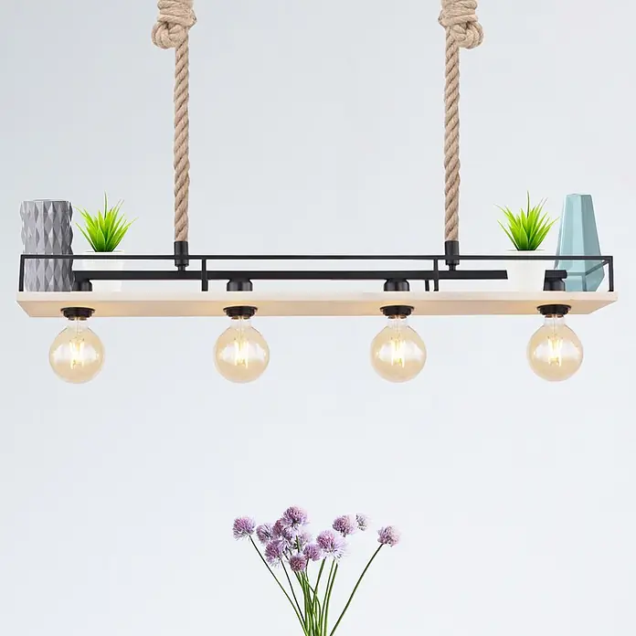 Globo Pendelleuchte Trixi - 60 W, 1.200 mm, E27 - Rustikale Industrie-Pendelleuchte mit Holzplatte, schwarzem Metallrahmen, natürlicher Seilaufhängung und vier Glühbirnen.