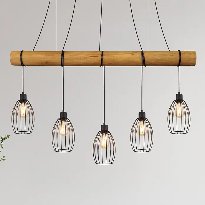 Globo Pendelleuchte Berti - 40 W, L x B x H: 1.400 x 160 x 1.500 mm, E27 - Lineare Hängelampe aus Holz mit fünf schwarzen Drahtkäfiglampen, jede mit einer sichtbaren Vintage-Glühbirne.