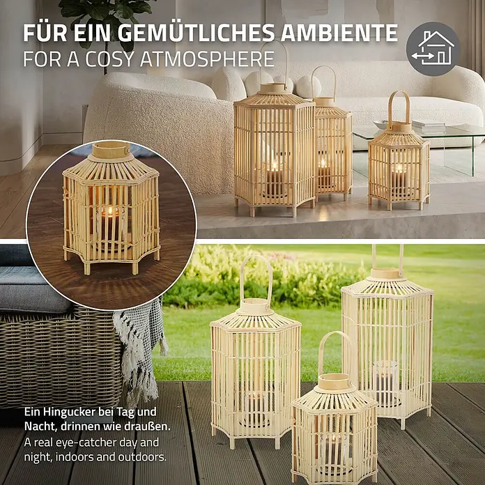 ECD Germany Windlicht Boho Bambus Laterne - Ø x H: 25 x 45 cm, Natur - Verschiedene Bambuslaternen mit Kerzenlicht schaffen drinnen und draußen eine gemütliche Atmosphäre.