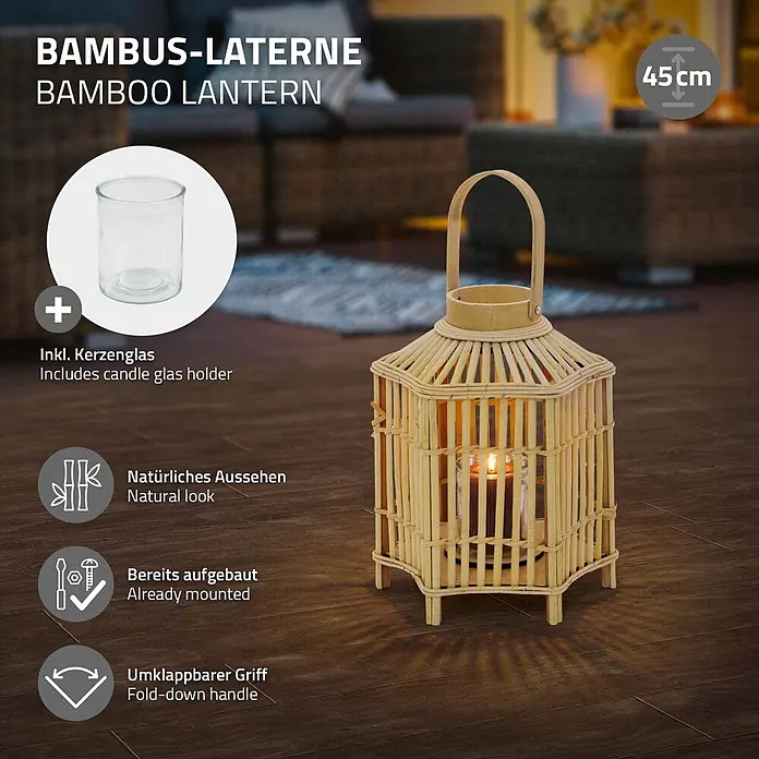 ECD Germany Windlicht Boho Bambus Laterne - Ø x H: 25 x 45 cm, Natur - 45 cm hohe Bambuslaterne mit Klappgriff und Glaskerzenhalter, beleuchtet für stimmungsvolles Licht.