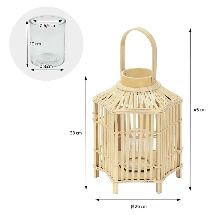 ECD Germany Windlicht Boho Bambus Laterne - Ø x H: 25 x 45 cm, Natur - Natürliche Bambuslaterne, 45 cm hoch, Ø 25 cm, mit klarem Glaseinsatz.