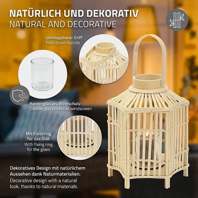 ECD Germany Windlicht Boho Bambus Laterne - Ø x H: 25 x 45 cm, Natur - Natürliche Bambuslaterne mit klappbarem Griff, Glashalter für Windschutz und Fixierring.