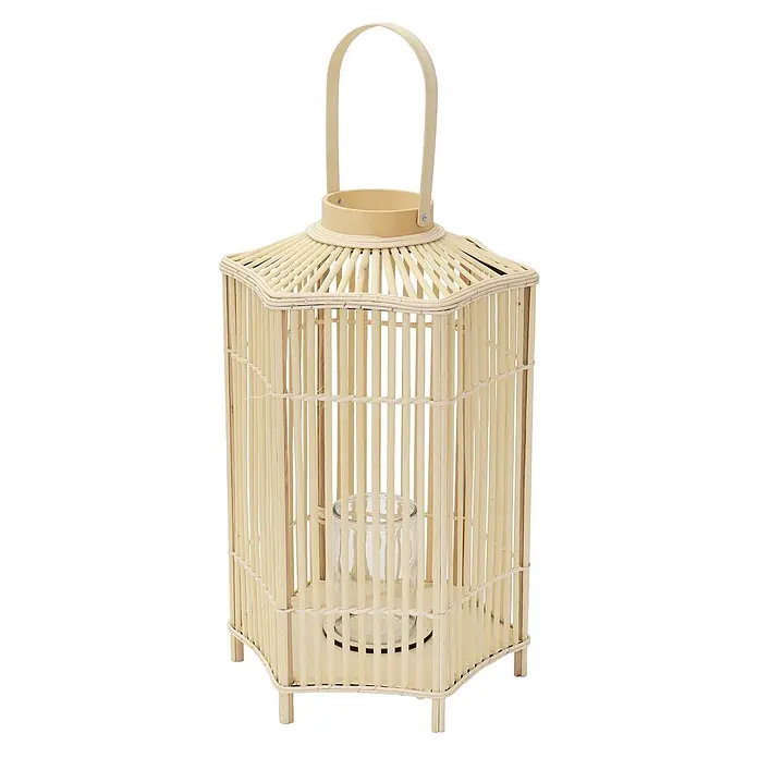 ECD Germany Windlicht Boho Bambus Laterne - Ø x H: 35 x 75 cm, Natur - Sechseckige Laterne aus hellem Bambus mit Griff, vertikalen Lamellen und einem Glashalter für Kerzen.