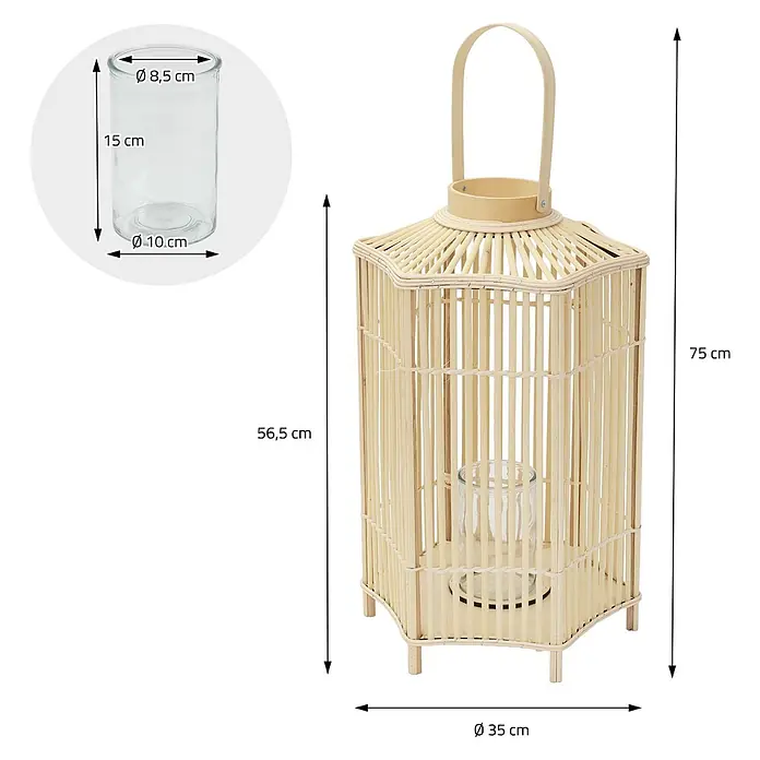 ECD Germany Windlicht Boho Bambus Laterne - Ø x H: 35 x 75 cm, Natur - Helle Bambuslaterne mit Henkel und klarem Glaseinsatz für Kerzen. Mehrseitiges Design.