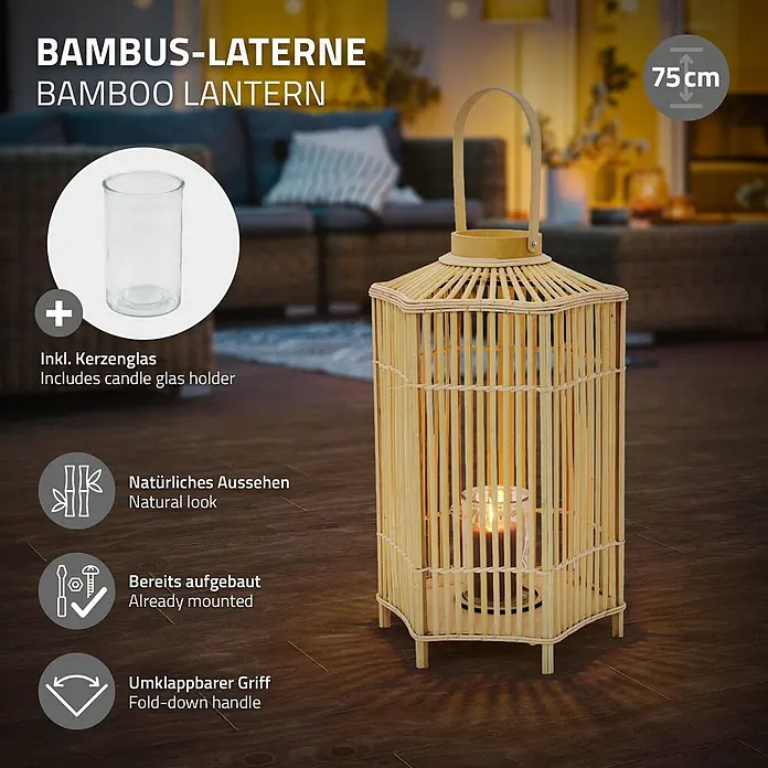 ECD Germany Windlicht Boho Bambus Laterne - Ø x H: 35 x 75 cm, Natur - Eine 75 cm hohe natürliche Bambuslaterne mit brennender Kerze, als Heimdekoration in einem Innenraum.