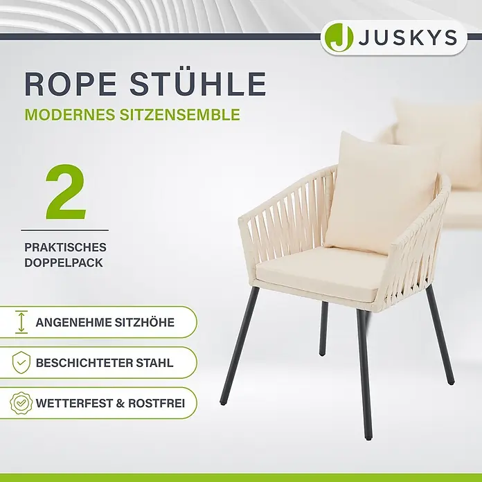 Juskys Gartenstuhl-Set Rope - 2 Stk., Rope, beige, B x T x H: 58 x 58 x 80 cm - Set aus 2 beigen Seilstühlen mit schwarzen beschichteten Stahlbeinen und Polstern, wetterfest.