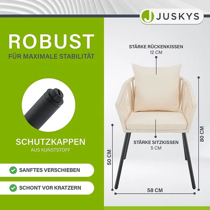Juskys Gartenstuhl-Set Rope - 2 Stk., Rope, beige, B x T x H: 58 x 58 x 80 cm - Beiger geflochtener Stuhl mit cremefarbenen Kissen und schwarzen Beinen. Maße: 80x58cm, Sitzhöhe 50cm. Robuste Konstruktion mit Kunststoff-Schutzkappen.