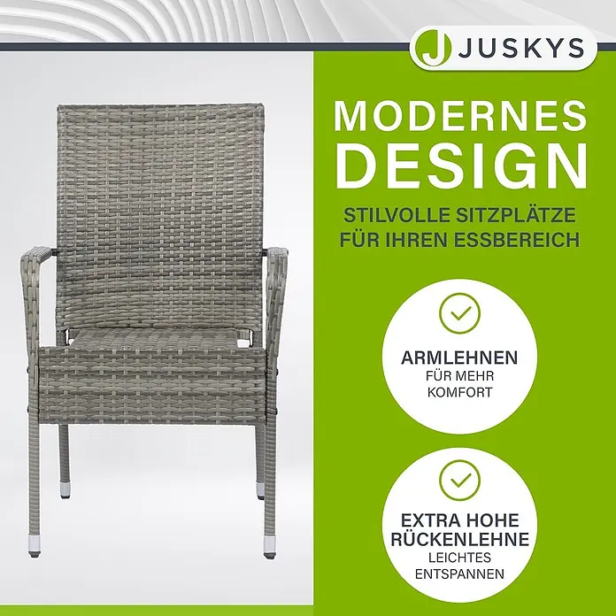 Juskys Gartenstuhl-Set Yoro - 4 Stk., Polyrattan, Stapelbar, Grau, B x T x H: 50 x 50 x 90 cm - Grauer Korbstuhl mit Armlehnen und hoher Rückenlehne für Komfort.