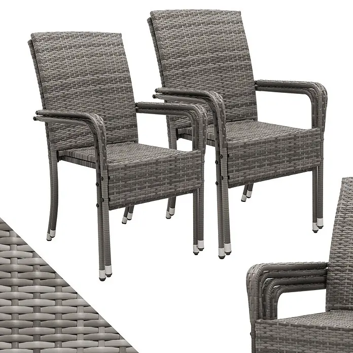 Juskys Gartenstuhl-Set Yoro - 4 Stk., Polyrattan, Stapelbar, Grau, B x T x H: 50 x 50 x 90 cm - Stapelbare graue Polyrattan-Gartenstühle mit Armlehnen.