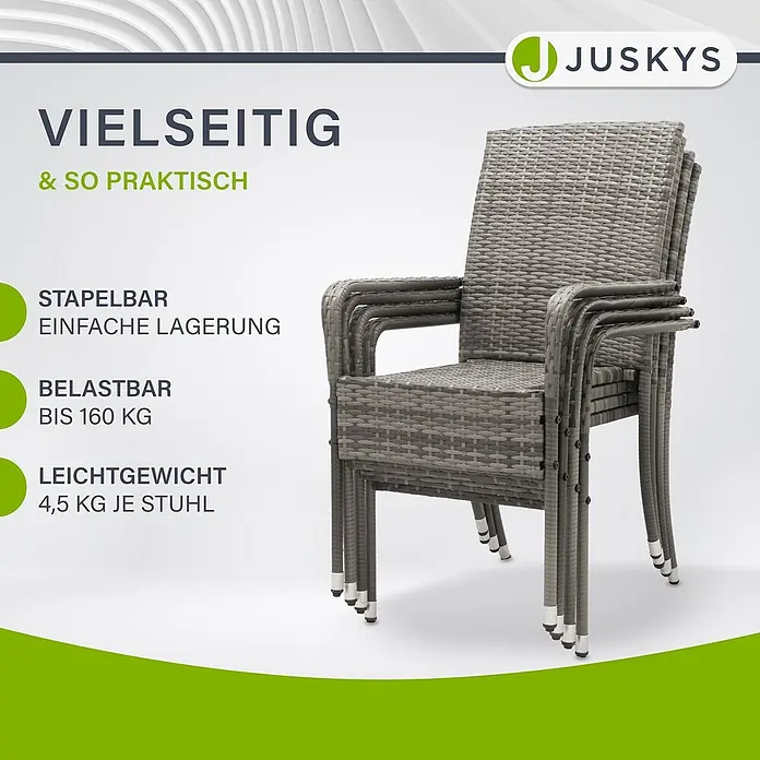Juskys Gartenstuhl-Set Yoro - 4 Stk., Polyrattan, Stapelbar, Grau, B x T x H: 50 x 50 x 90 cm - Graue, stapelbare Gartenstühle in Rattan-Optik für einfache Lagerung.