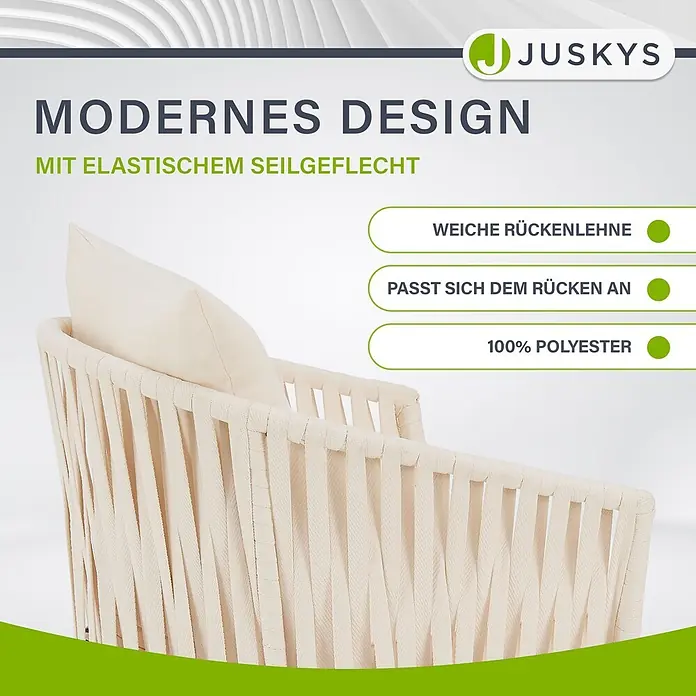 Juskys Gartenstuhl-Set Rope - 2 Stk., Rope, beige, B x T x H: 58 x 58 x 80 cm - Heller Sessel mit elastischem Seilgeflecht und weichem Kissen.